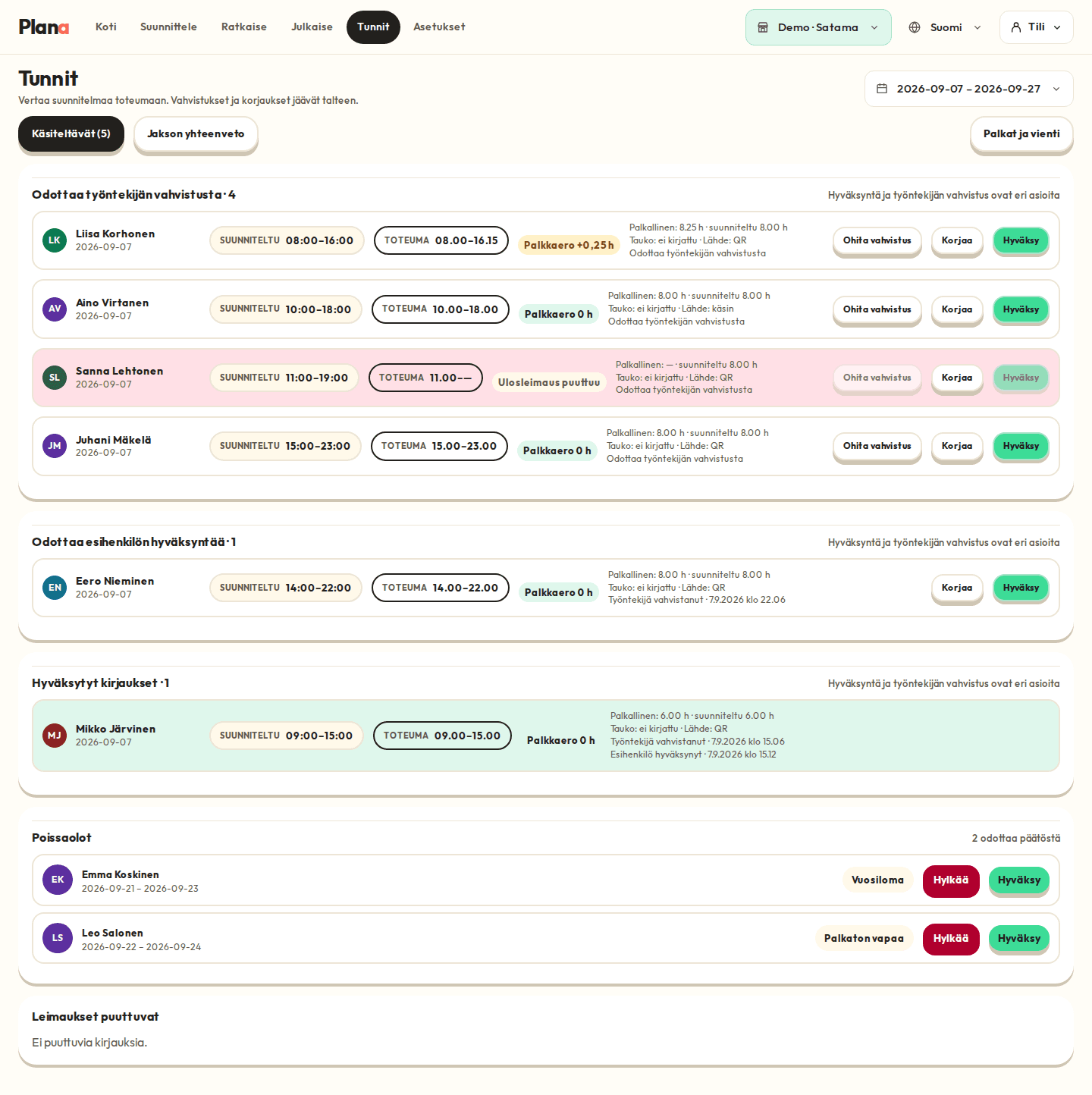 Plana's hours view on desktop: planned and actual time side by side, with the difference and approval status in their own columns.